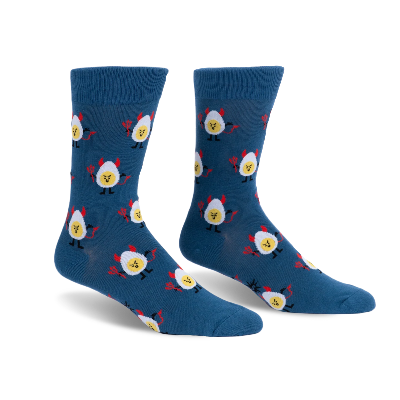 Dark blue crew socks with a repeating pattern of deviled eggs featuring yellow faces, red devil horns, tails and pitchforks.
