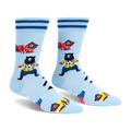 Light blue crew socks with dark blue cuff stripes featuring brown and black bears in colorful jerseys playing soccer.