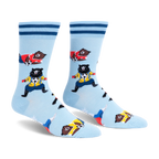 Light blue crew socks with dark blue cuff stripes featuring brown and black bears in colorful jerseys playing soccer.