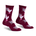 Burgundy crew socks showing a pattern of white chickens wearing pink cowboy hats and boots alongside silver disco balls.