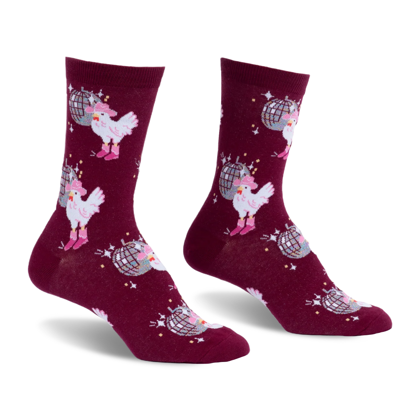 Burgundy crew socks showing a pattern of white chickens wearing pink cowboy hats and boots alongside silver disco balls.