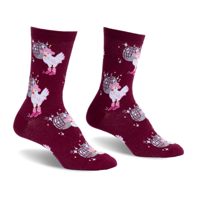 Burgundy crew socks showing a pattern of white chickens wearing pink cowboy hats and boots alongside silver disco balls.