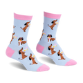 Light blue crew socks with pink accents, featuring a pattern of brown dachshunds holding martinis and wearing sunglasses.