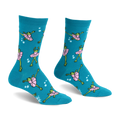 Teal crew socks featuring a pattern of green frogs wearing pink tutus and dancing in ballet poses surrounded by white dots.