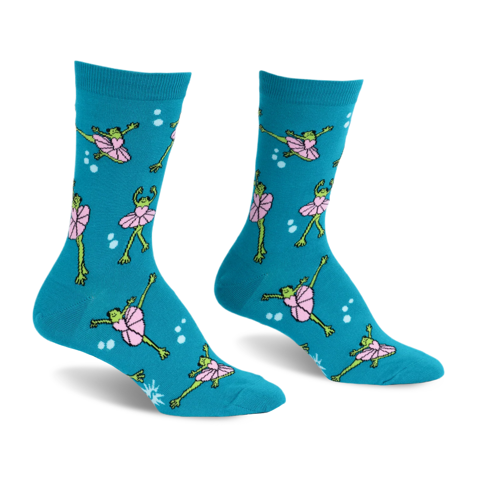 Teal crew socks featuring a pattern of green frogs wearing pink tutus and dancing in ballet poses surrounded by white dots.