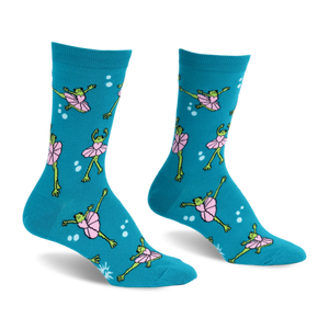 Teal crew socks featuring a pattern of green frogs wearing pink tutus and dancing in ballet poses surrounded by white dots.