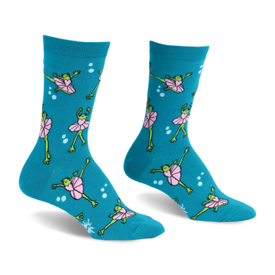 Teal crew socks featuring a pattern of green frogs wearing pink tutus and dancing in ballet poses surrounded by white dots.