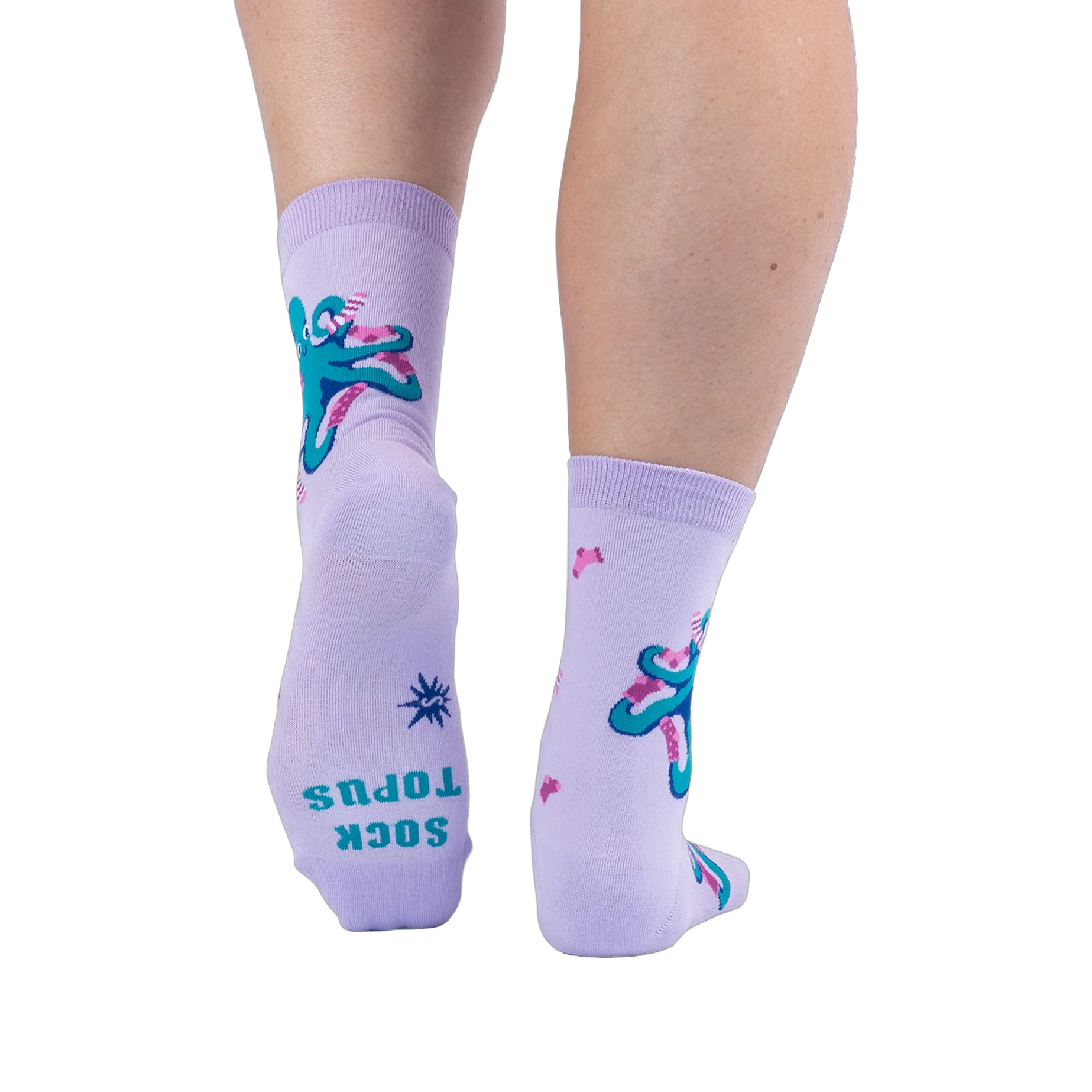 Back view of socks on legs, showing a teal octopus pattern and the words SOCK TOPUS printed on the sole in teal.