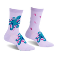 Pair of light purple crew socks featuring a pattern of teal octopuses wearing tiny pink and white striped socks.