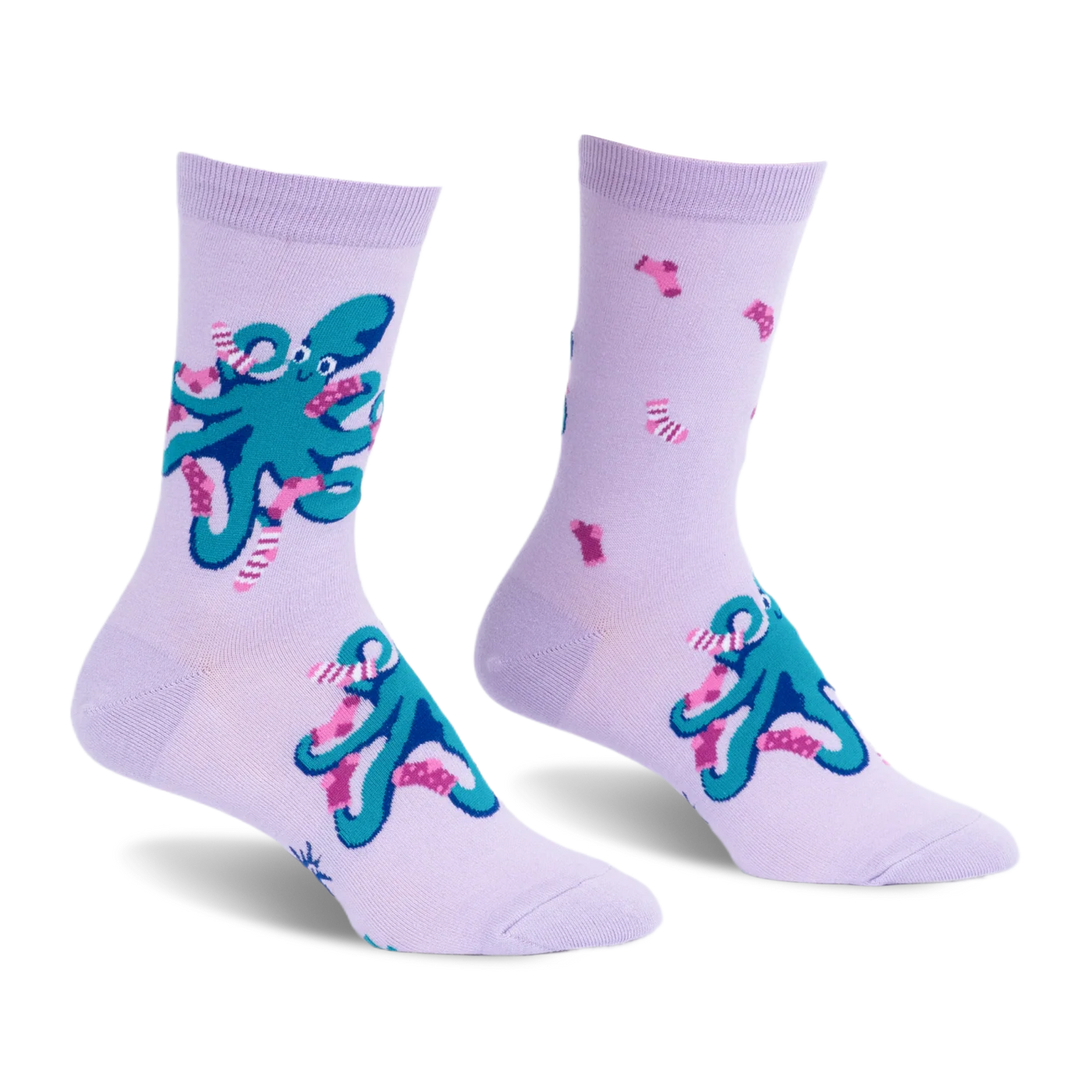 Pair of light purple crew socks featuring a pattern of teal octopuses wearing tiny pink and white striped socks.