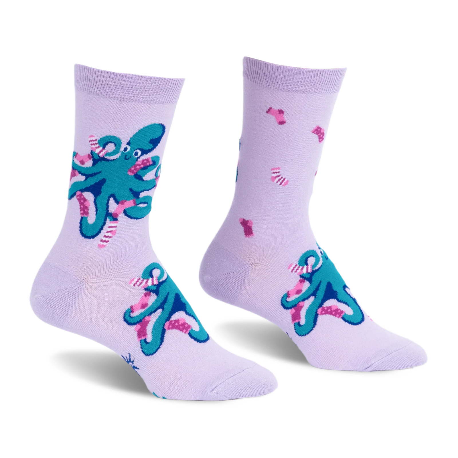 Pair of light purple crew socks featuring a pattern of teal octopuses wearing tiny pink and white striped socks.