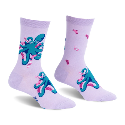 Pair of light purple crew socks featuring a pattern of teal octopuses wearing tiny pink and white striped socks.