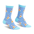 Light blue socks with a pattern of orange goldfish in plastic bags tied with red string. Bright aqua toes and cuffs.