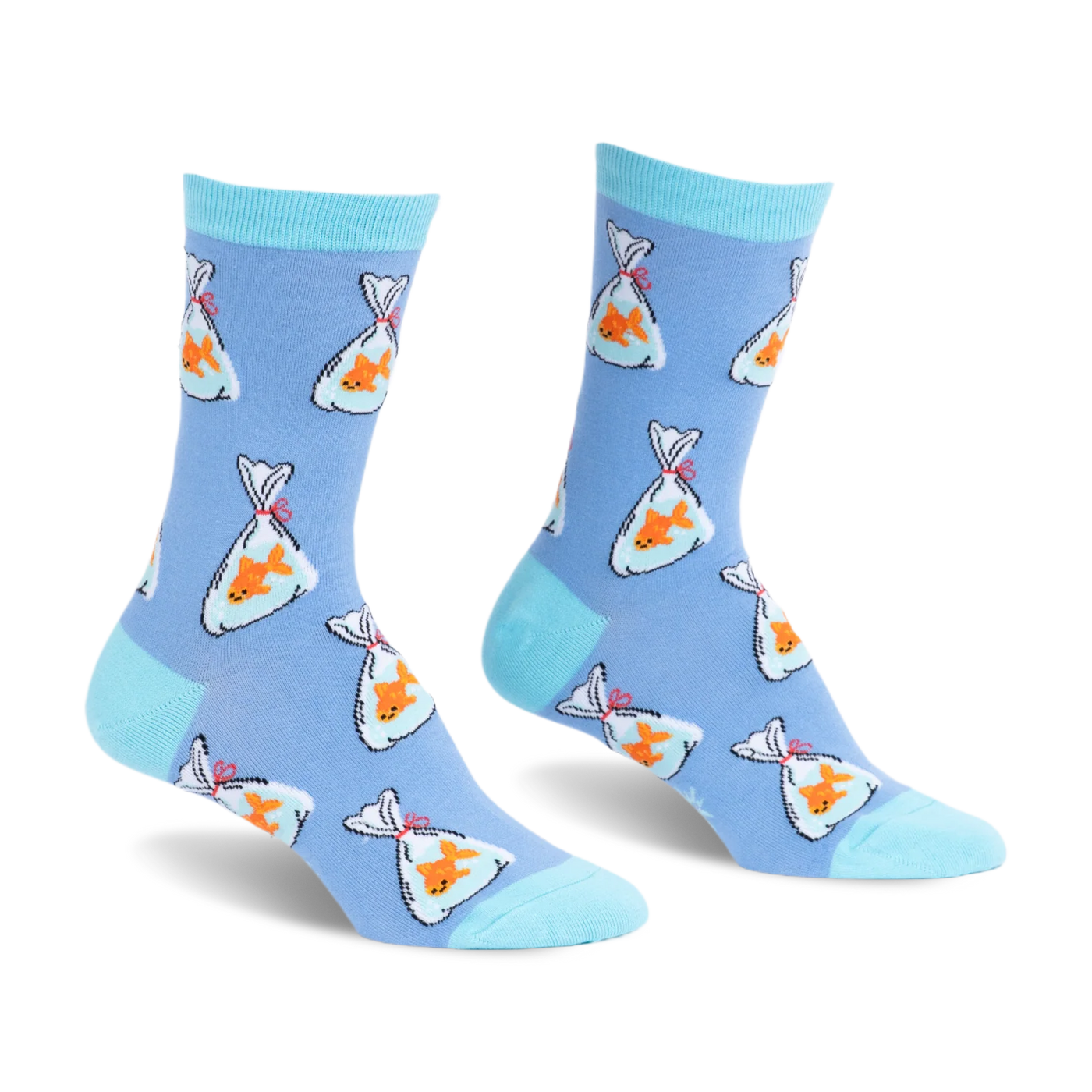 Light blue socks with a pattern of orange goldfish in plastic bags tied with red string. Bright aqua toes and cuffs.