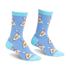 Light blue socks with a pattern of orange goldfish in plastic bags tied with red string. Bright aqua toes and cuffs.