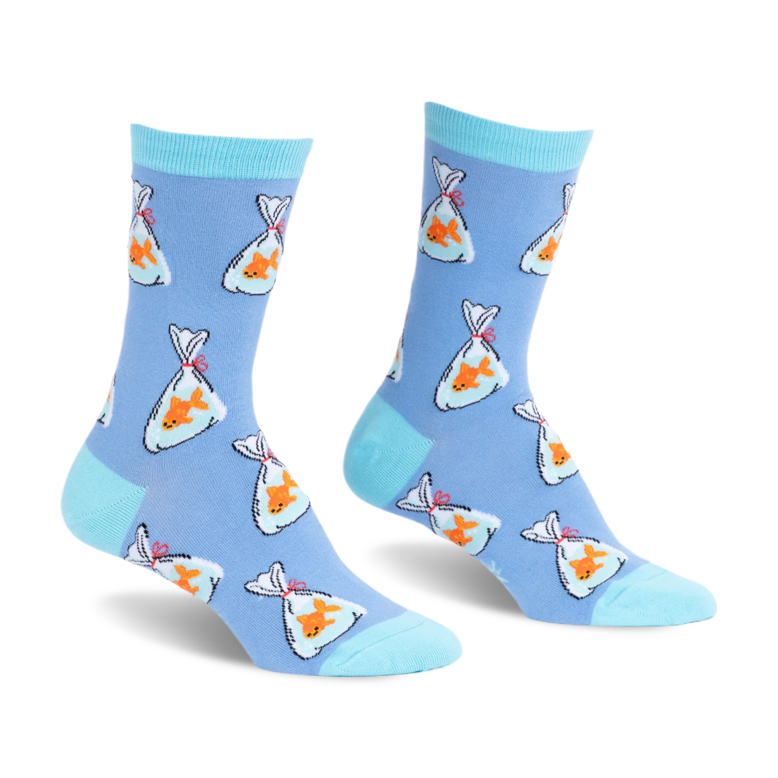 Light blue socks with a pattern of orange goldfish in plastic bags tied with red string. Bright aqua toes and cuffs.