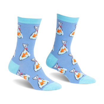 Light blue socks with a pattern of orange goldfish in plastic bags tied with red string. Bright aqua toes and cuffs.
