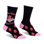 Black crew socks with pink heel and toe. Features Slow Burn Book Club text, a pink book, lit match, and flaming red hearts.