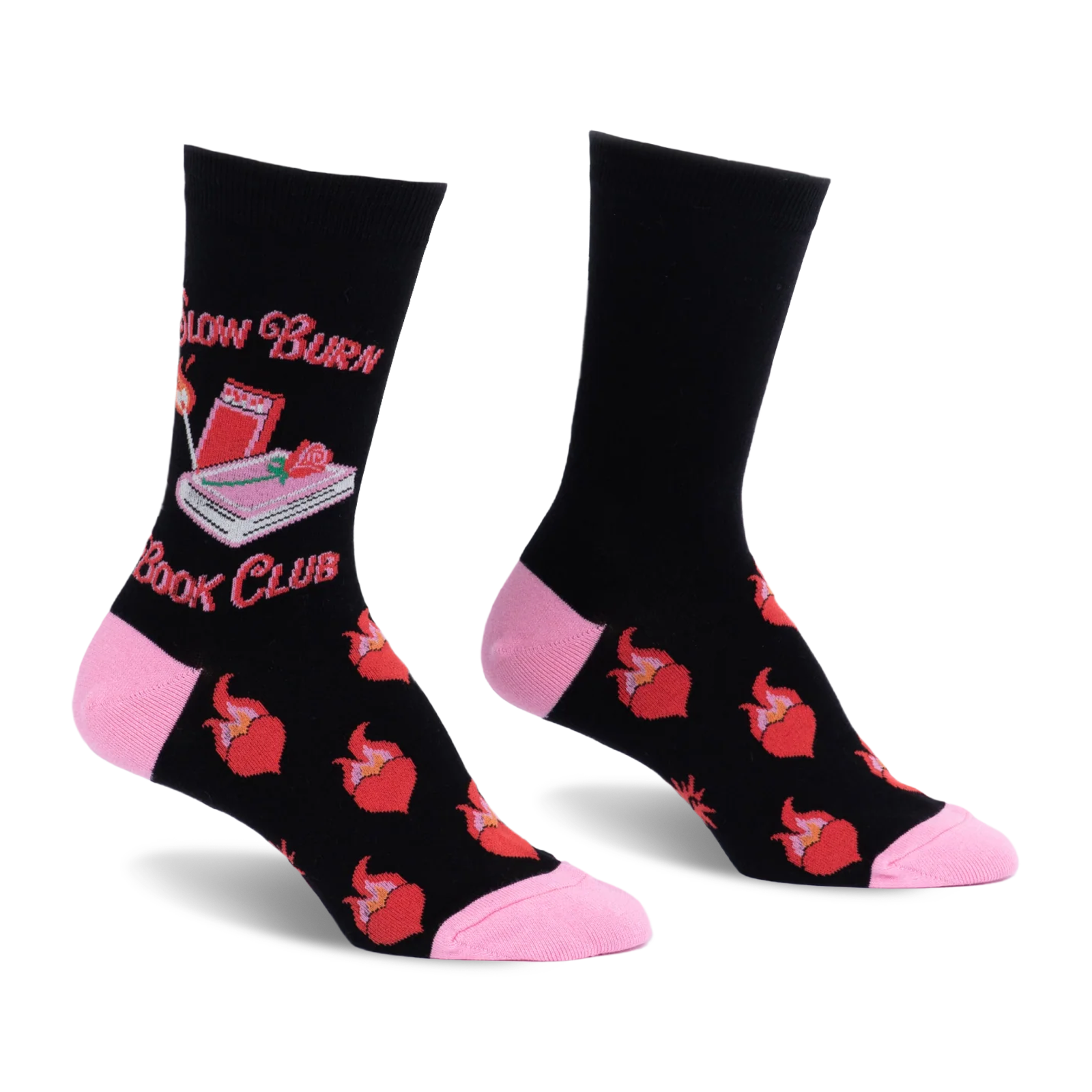 Black crew socks with pink heel and toe. Features Slow Burn Book Club text, a pink book, lit match, and flaming red hearts.