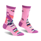 Pink crew socks featuring a purple dragon with orange wings sitting on a tall stack of books with scattered red roses.