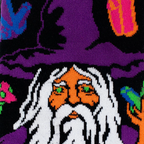 Close-up detail of the knit sock showing the wizard's orange face, green pixelated eyes, white beard, and purple hat.