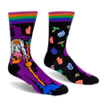 Black crew socks featuring a purple-hatted wizard holding a pink crystal ball, plus floating neon crystals and mushrooms.