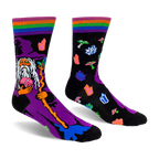 Black crew socks featuring a purple-hatted wizard holding a pink crystal ball, plus floating neon crystals and mushrooms.