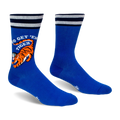 Pair of bright blue crew socks with a striped cuff. The outer side shows an orange tiger and white Go Get 'Em Tiger text.