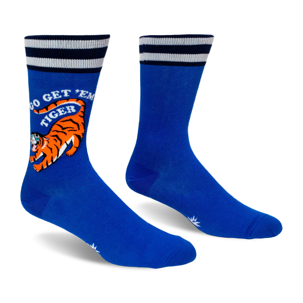 Pair of bright blue crew socks with a striped cuff. The outer side shows an orange tiger and white Go Get 'Em Tiger text.