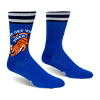 Pair of bright blue crew socks with a striped cuff. The outer side shows an orange tiger and white Go Get 'Em Tiger text.