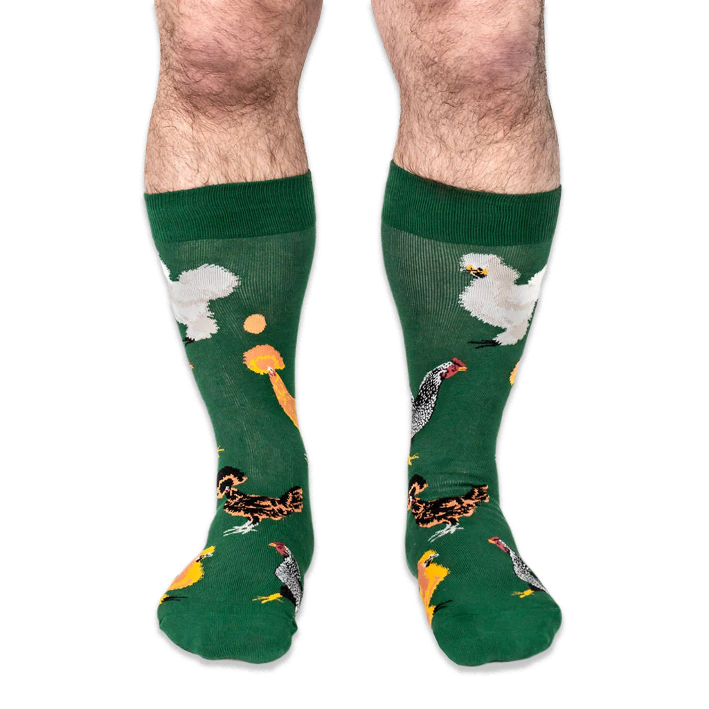 Front view of someone wearing the green socks, showing white, speckled, brown, and crested chickens with orange eggs.