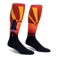 Knee-high socks showing a black and blue space shuttle set against a retro red and yellow sunburst background.