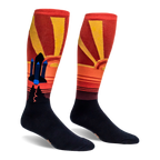 Knee-high socks showing a black and blue space shuttle set against a retro red and yellow sunburst background.