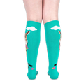 Back view of the worn teal socks displaying fluffy white clouds and the side profile of the kangaroo design.
