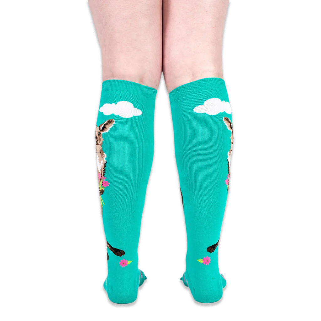 Back view of the worn teal socks displaying fluffy white clouds and the side profile of the kangaroo design.
