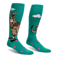 Teal knee-high socks featuring a large brown kangaroo holding a bouquet of pink flowers under a white cloud.