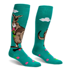 Teal knee-high socks featuring a large brown kangaroo holding a bouquet of pink flowers under a white cloud.