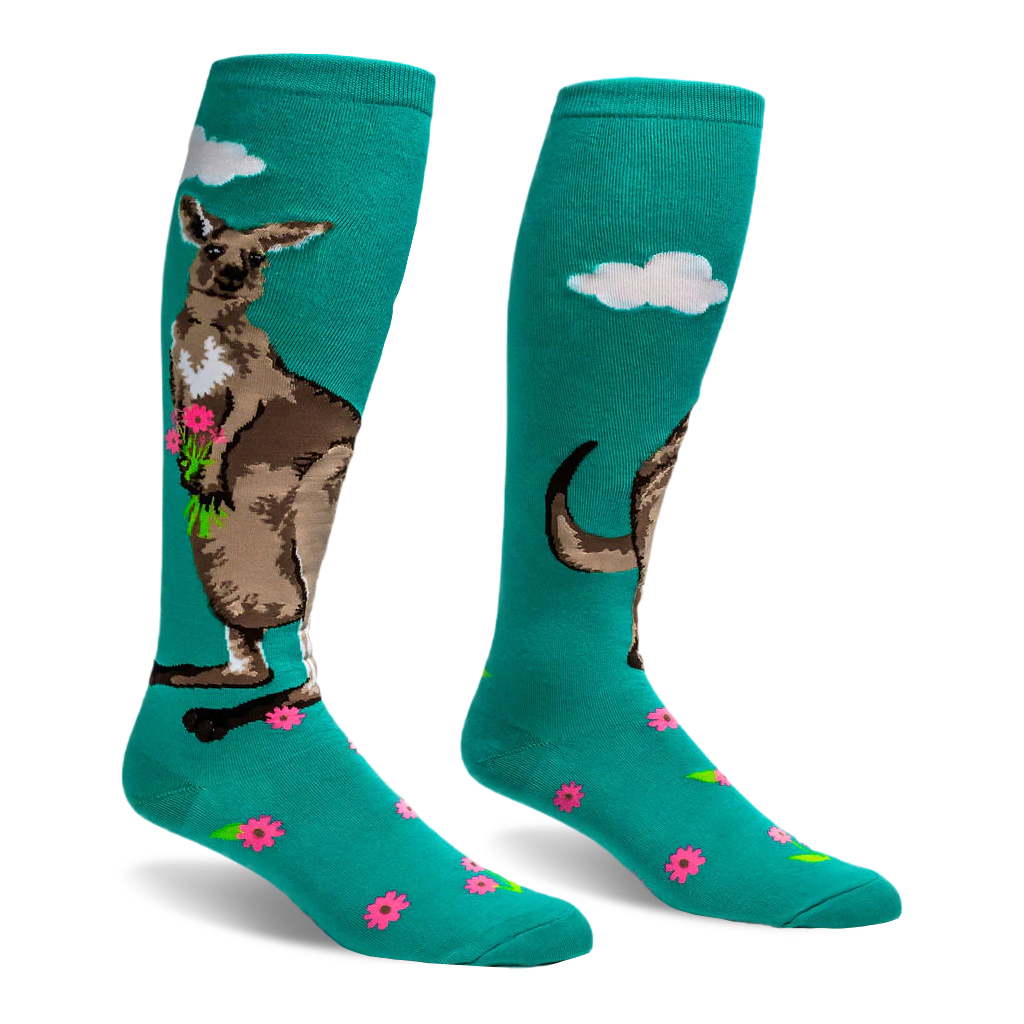 Teal knee-high socks featuring a large brown kangaroo holding a bouquet of pink flowers under a white cloud.