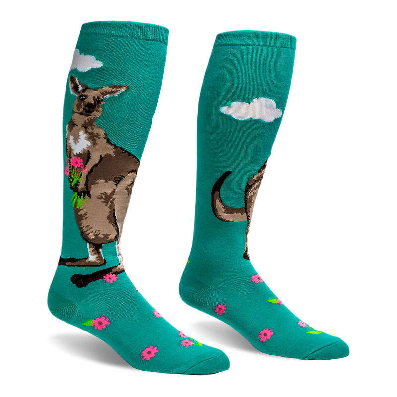 Teal knee-high socks featuring a large brown kangaroo holding a bouquet of pink flowers under a white cloud.