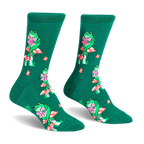 Green crew socks featuring a pattern of green frogs sitting on red and white spotted mushrooms while reading pink books.