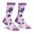 Light purple crew socks with dark purple accents featuring blue floral teapots on books, steaming cups, and lemon slices.
