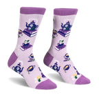Light purple crew socks with dark purple accents featuring blue floral teapots on books, steaming cups, and lemon slices.