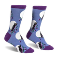 Crew socks featuring black owls, white full moons, and purple flowers on a light blue background with dark purple accents.