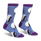 Crew socks featuring black owls, white full moons, and purple flowers on a light blue background with dark purple accents.