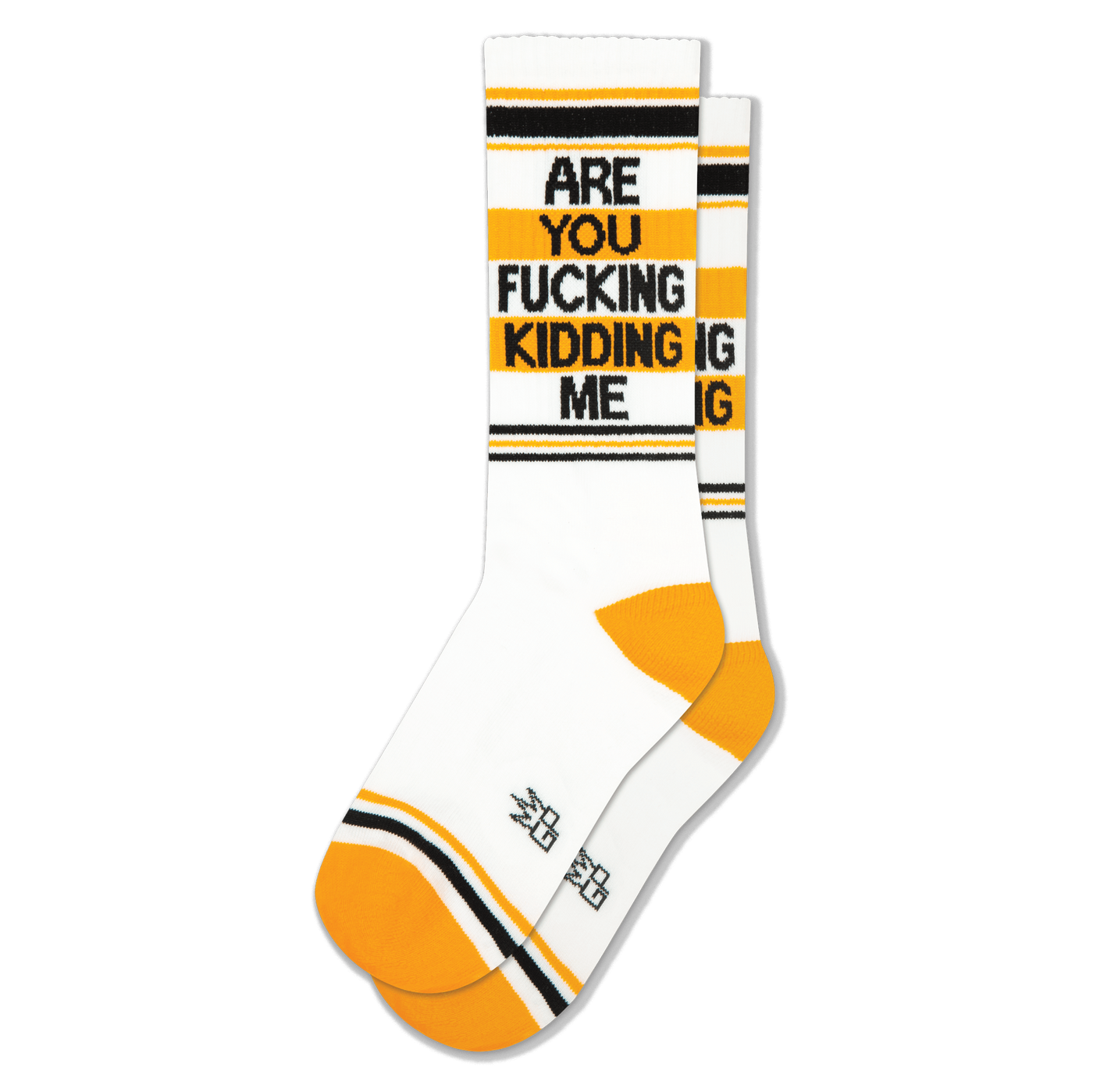 White crew socks featuring black and yellow stripes, yellow heels, and bold black text reading ARE YOU FUCKING KIDDING ME.