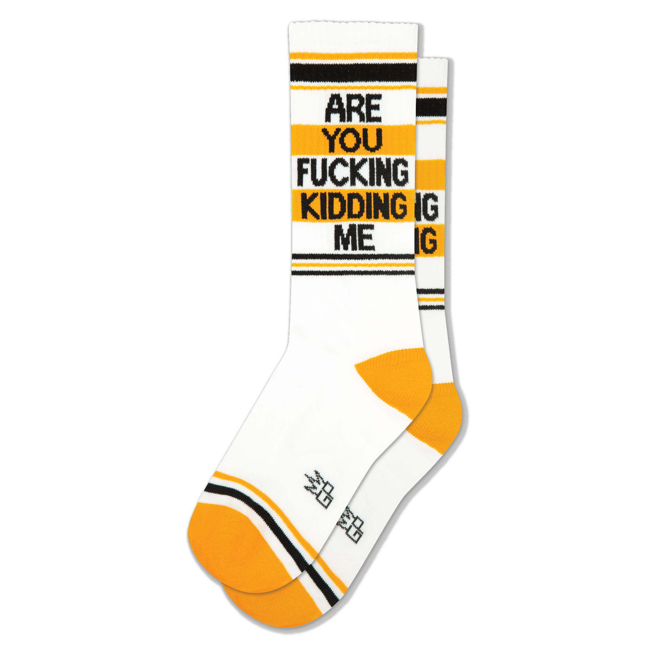 White crew socks featuring black and yellow stripes, yellow heels, and bold black text reading ARE YOU FUCKING KIDDING ME.