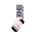 Pink crew socks with black and grey stripes, featuring text 'Don't Be A Girl That Poops Be A Bitch That Shits' on cuff.