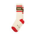 A pair of cream crew socks, one slightly behind the other. They have red striped cuffs, a brown band with "DICK" in white letters, and red heels and toes.