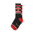 Single dark grey crew sock with "THERE'S NO TASTE LIKE BAD TASTE" text, red heel, red toe, and white/red stripes.