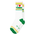 Pair of white crew socks with green and yellow-orange cuff stripes. Features 'I ❤️ TENNIS' text with a red heart. Green heels and toes.